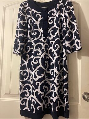 karin stevens Navy and White Scroll-Print Midi Dress